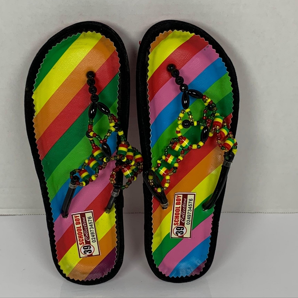 Red Yellow Colorful Women Beaded Thong Sandals Slippers Size 7.5